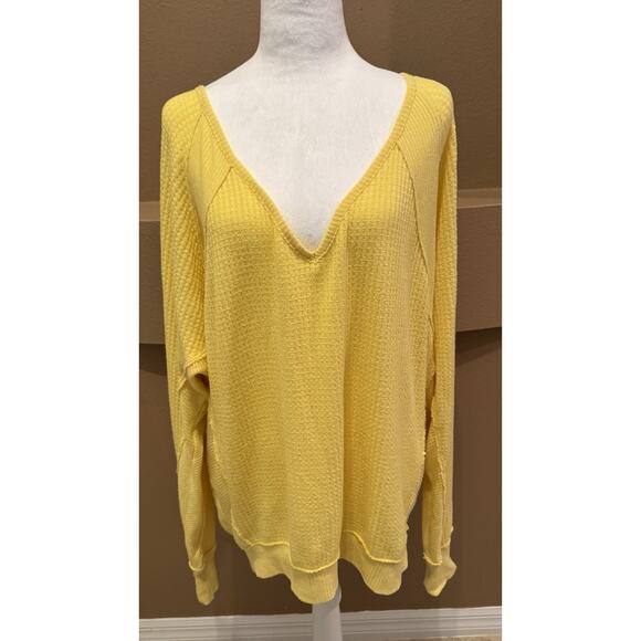 Free People We the Free Yellow V-Neck Long Sleeve Waffle Knit Top Size L - Picture 1 of 6